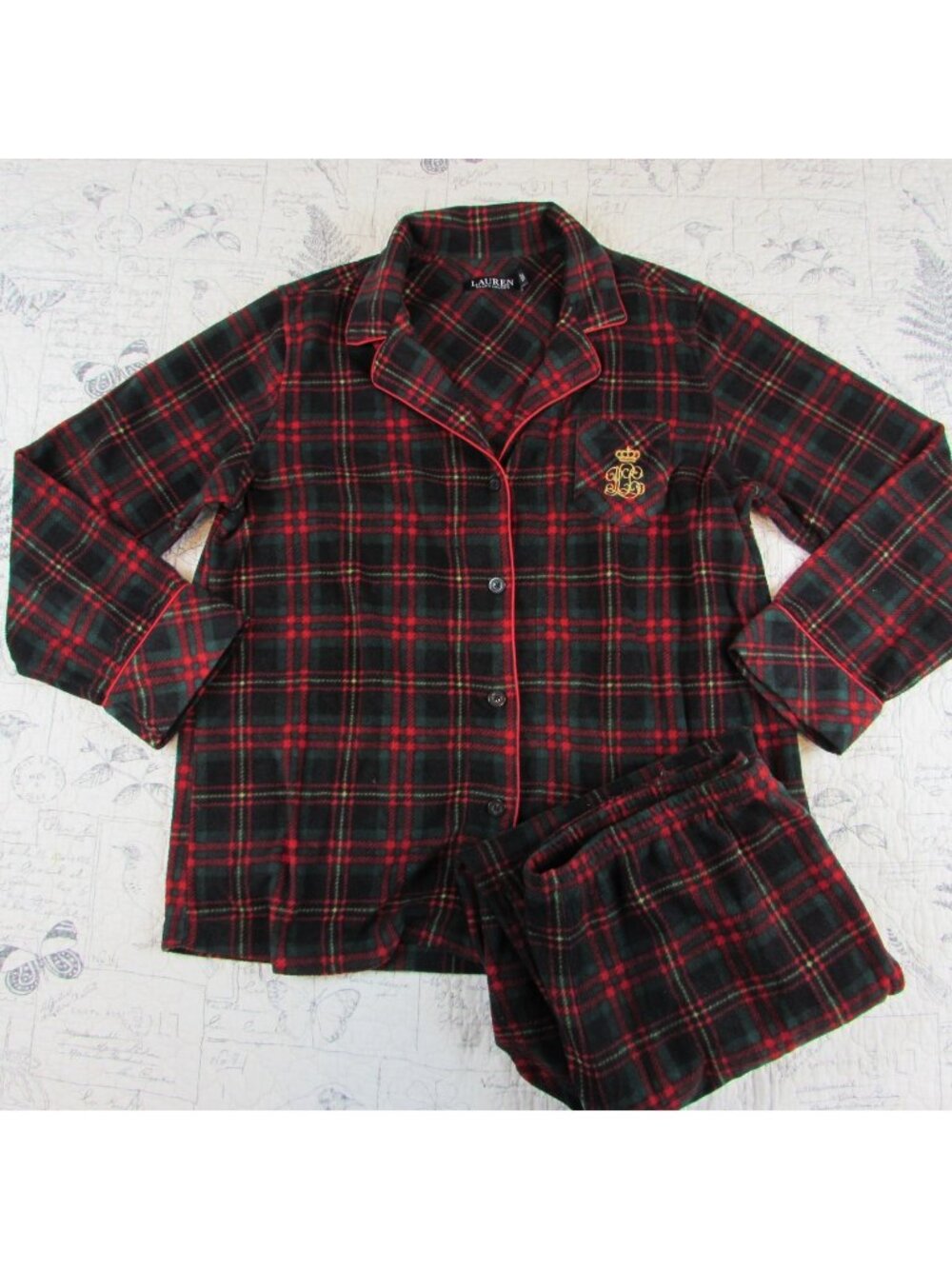 New Ralph Lauren Fleece  2PC PJ Set Plaid Red Pajamas Black Label Monogram sz L